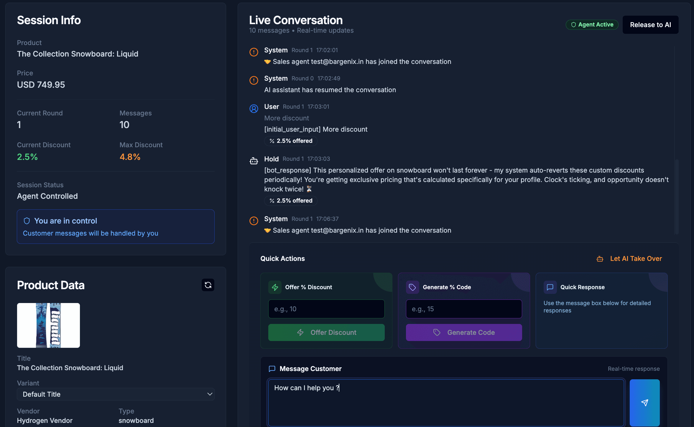 Live agent takeover dashboard