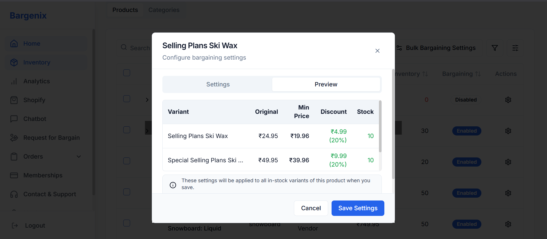 Selling Plans Ski Wax modal with bargaining settings